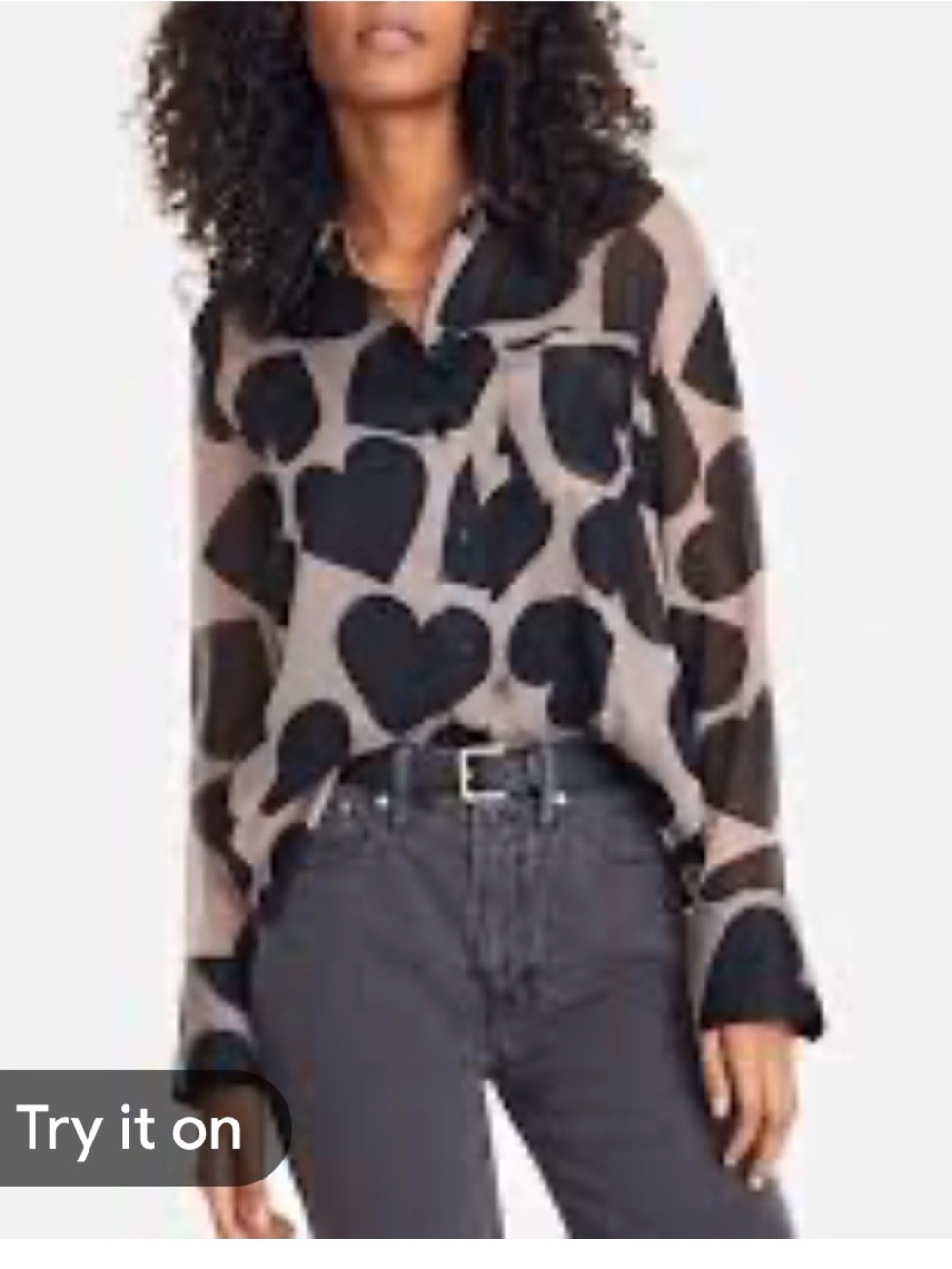 NWT Relaxed Heart-Print Button Down Shirt - Taupe & Black-XL